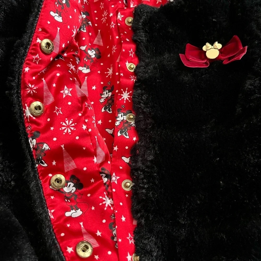 Disney Black Faux Fur Kids Jacket with Red Accents Bow Lined Size 5/6
